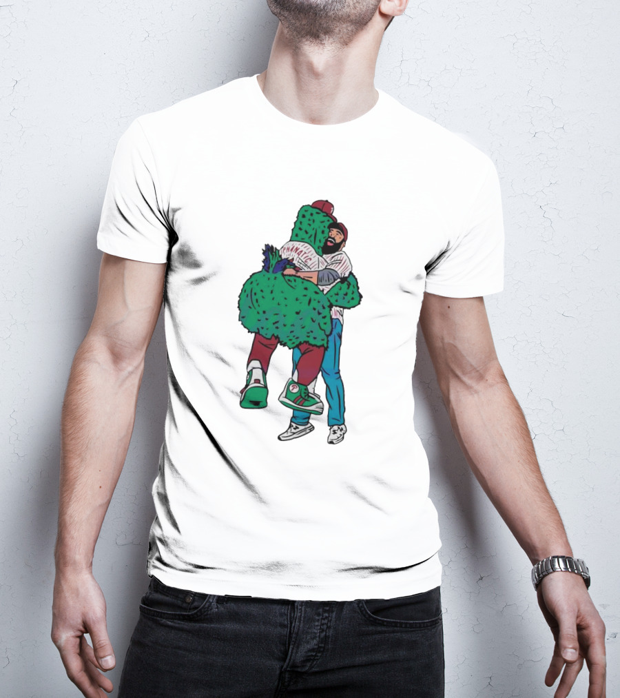 Phanatic Phillies Mascot Embrace With Baseball Player T-Shirt