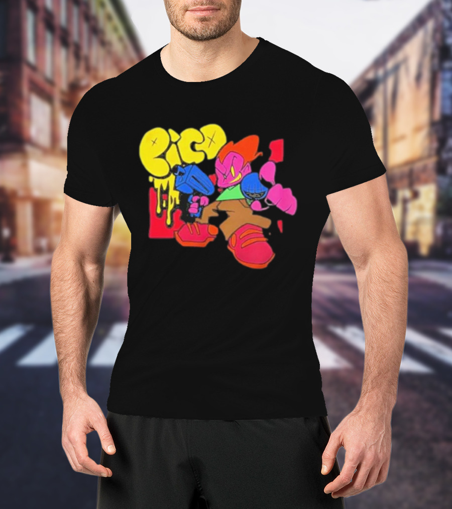 Friday Night Funkin Pico Colorful Cartoon Character Holding Gun T-Shirt