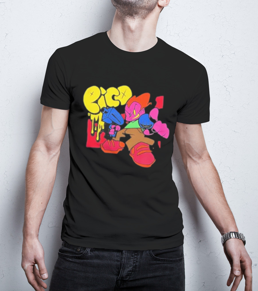Friday Night Funkin Pico Colorful Cartoon Character Holding Gun T-Shirt