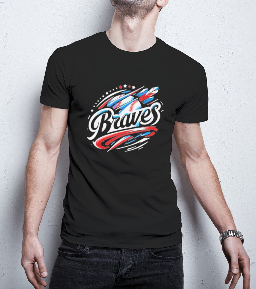 Braves Baseball Feathers MLB Team Logo With Stars And Stripes Motif T-Shirt