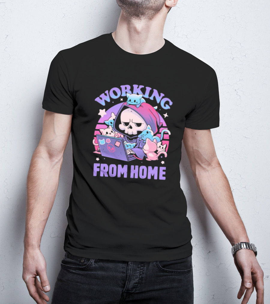 Working From Home Reaper With Cats Using Computer T-Shirt