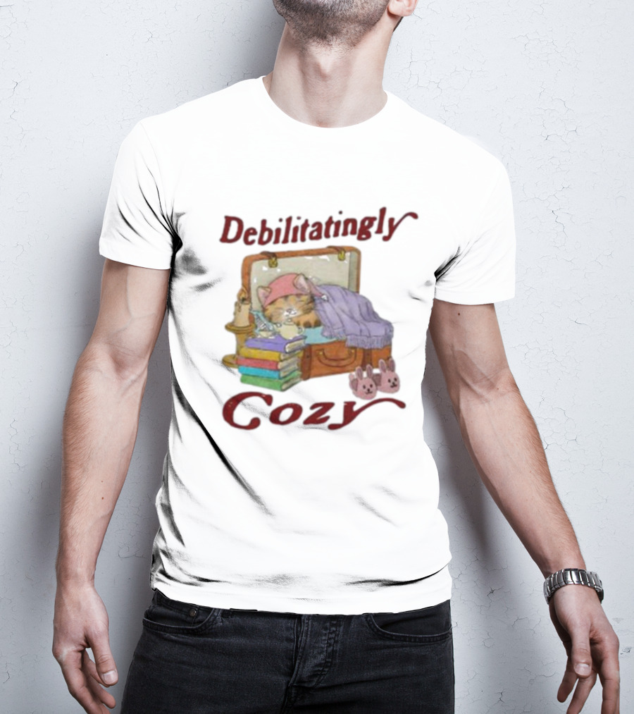 Debilitatingly Cozy Cat In Suitcase With Books And Bunny Slippers T-Shirt