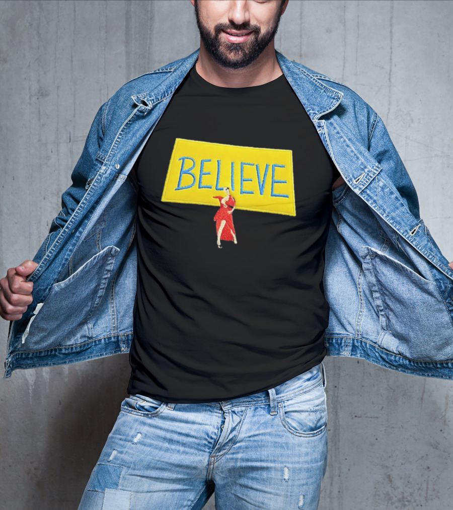 Hannah Waddingham Believe Yellow Sign With Red Dress T-Shirt