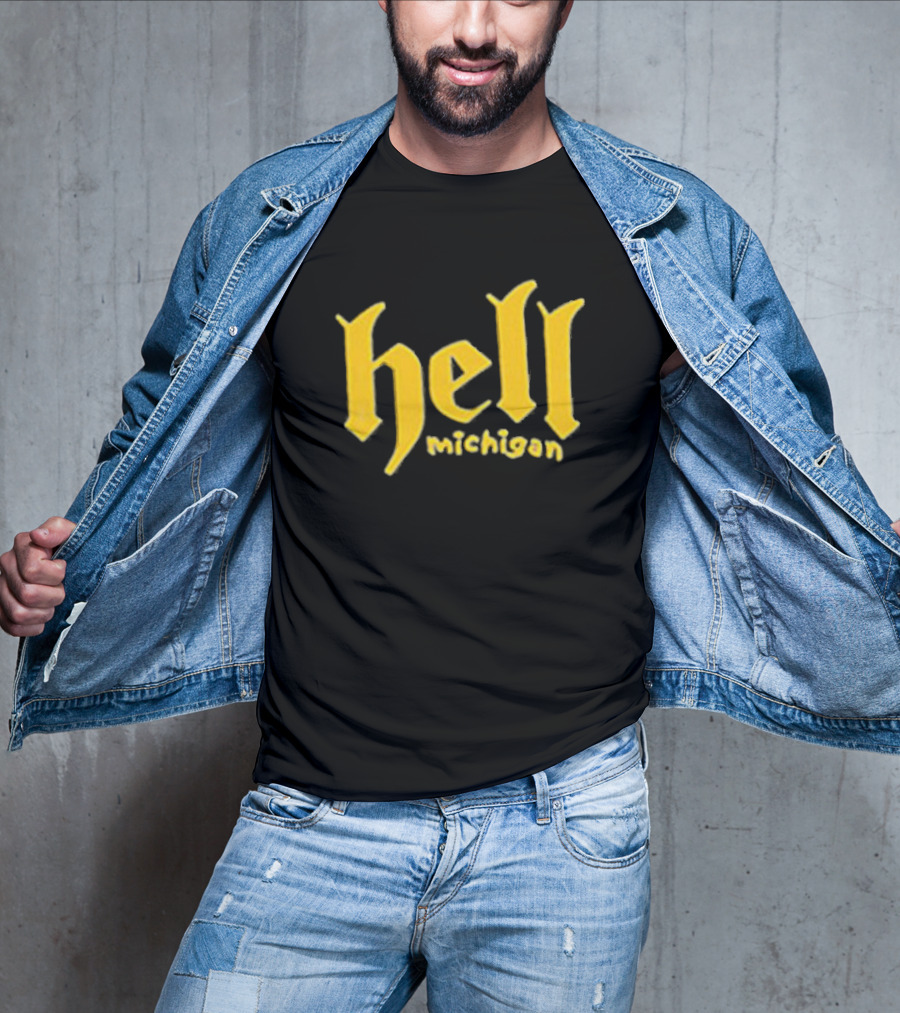 Hell Michigan Yellow Gothic Text T-Shirt