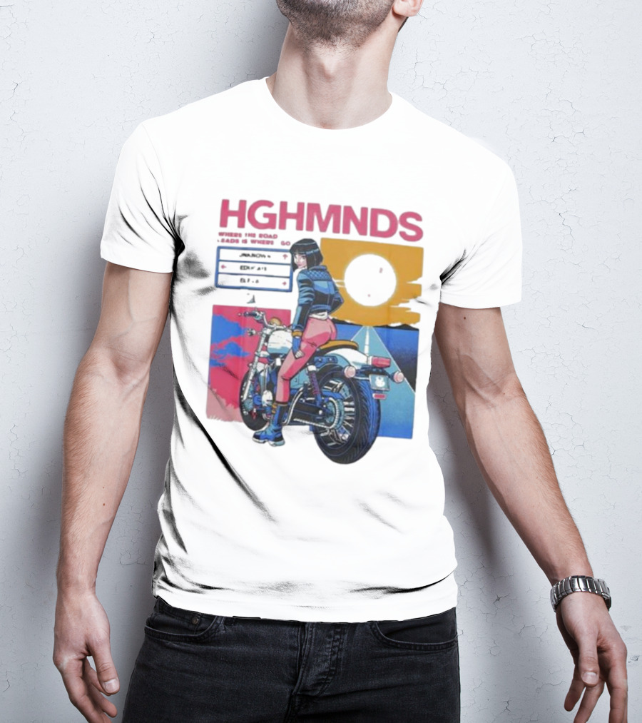 Hghmnds Where The Road Leads Is Where I Go Unknown Educate Elevate Biker Anime Style Moon Sun Desert Journey T-Shirt