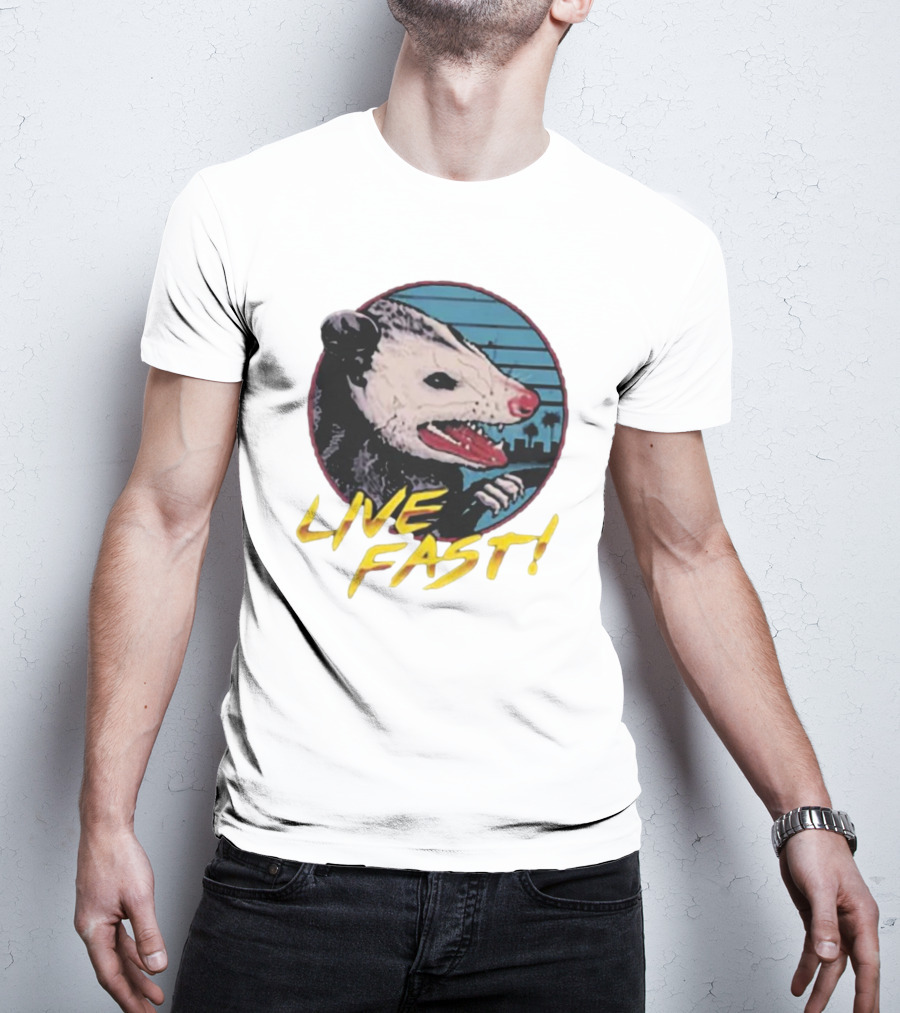 Live Fast Hiss Possum City Skyline T-Shirt