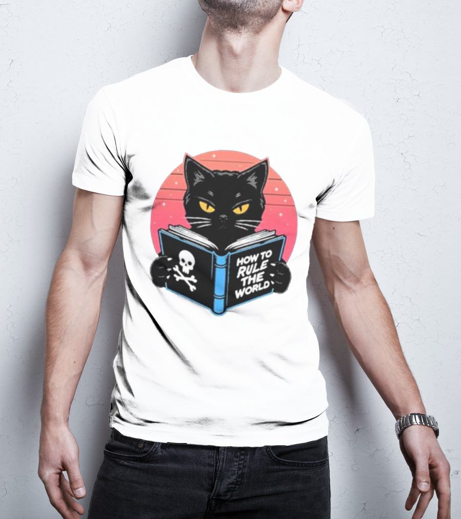 How To Rule The World Black Cat Reading Book With Skull T-Shirt