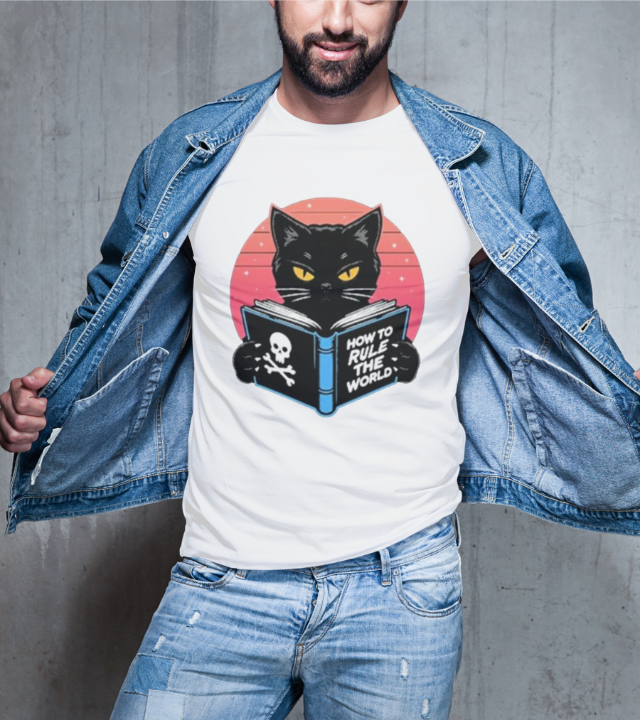 How To Rule The World Black Cat Reading Book With Skull T-Shirt