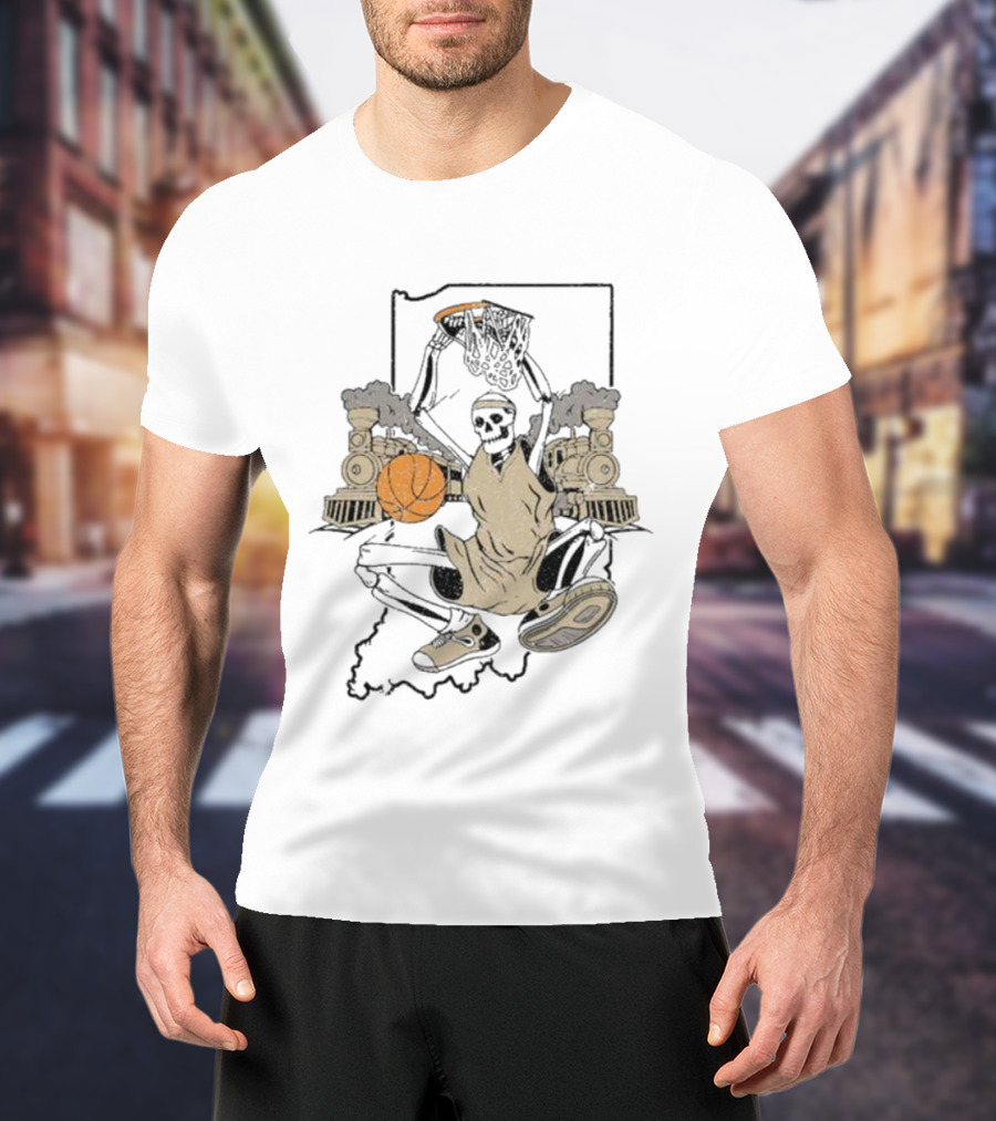 Golo Bloods West Lafayette Indiana Basketball Skeleton With Locomotives And Indiana Outline T-Shirt