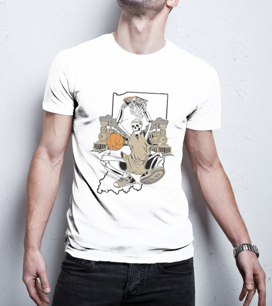 Golo Bloods West Lafayette Indiana Basketball Skeleton With Locomotives And Indiana Outline T-Shirt