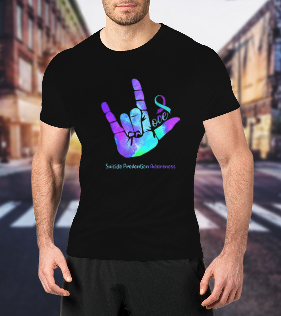 Love Hand Sign With Ribbon For Suicide Prevention Awareness T-Shirt