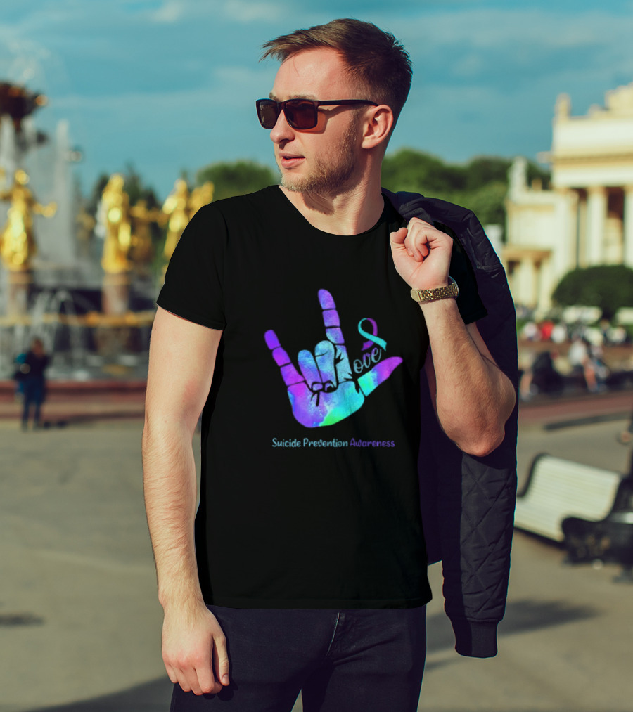 Love Hand Sign With Ribbon For Suicide Prevention Awareness T-Shirt
