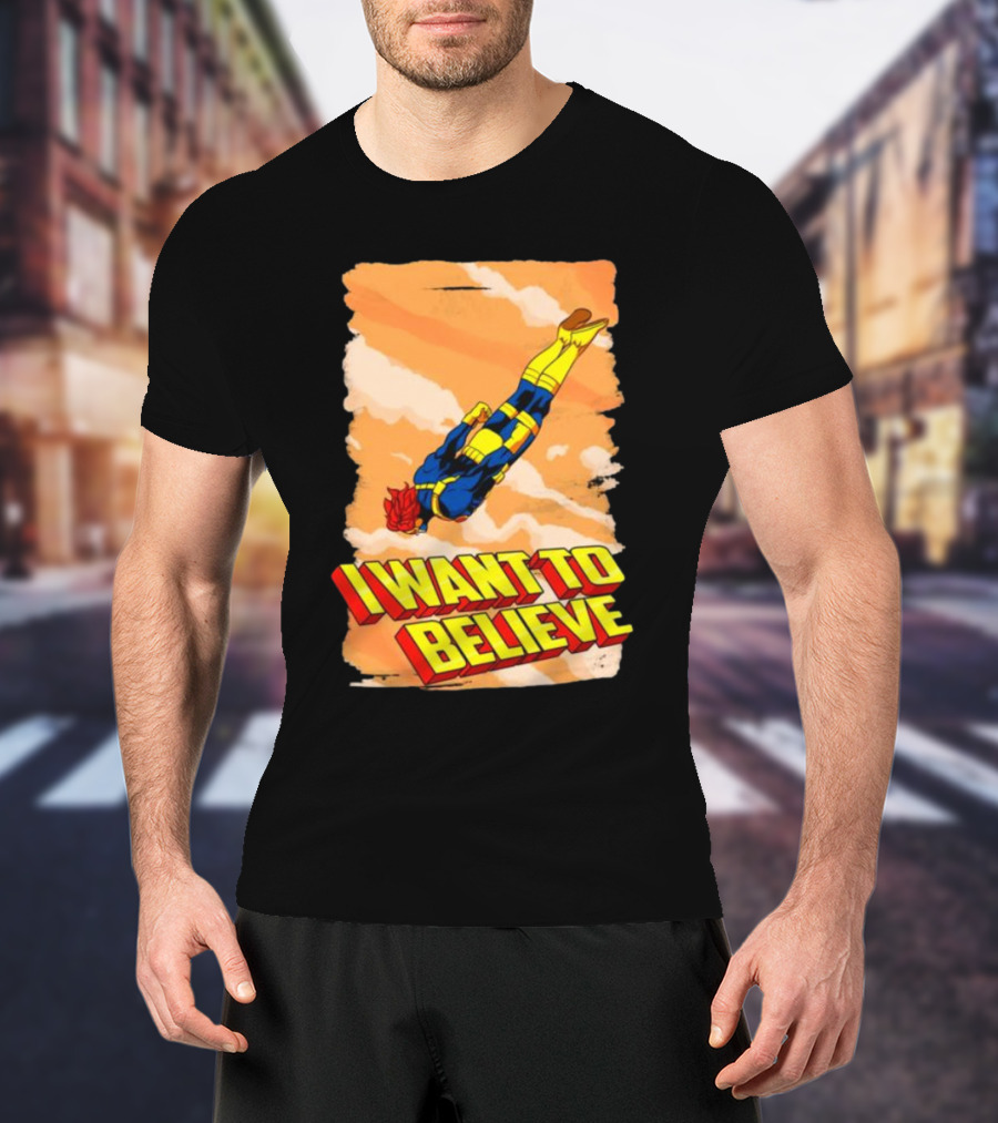 I Want To Believe Superheroes Retro Flying Hero In Yellow And Blue Suit T-Shirt