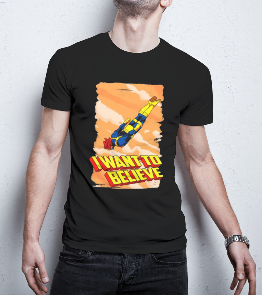 I Want To Believe Superheroes Retro Flying Hero In Yellow And Blue Suit T-Shirt
