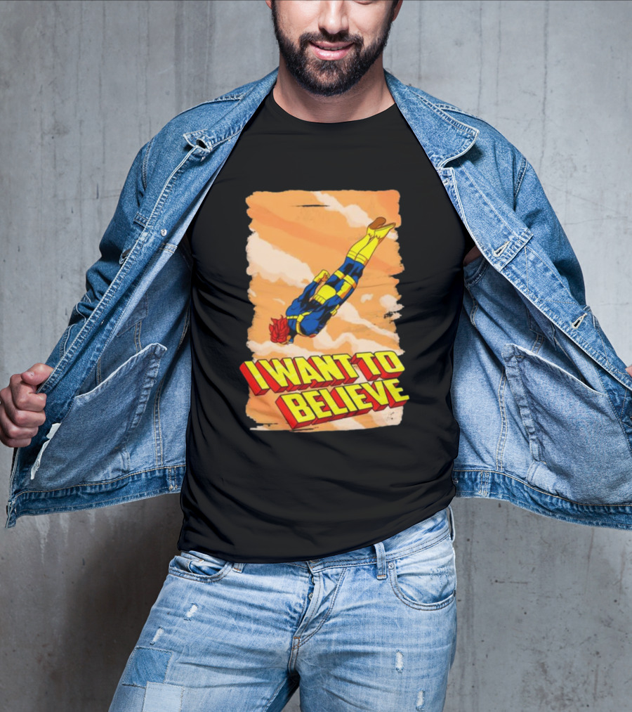 I Want To Believe Superheroes Retro Flying Hero In Yellow And Blue Suit T-Shirt