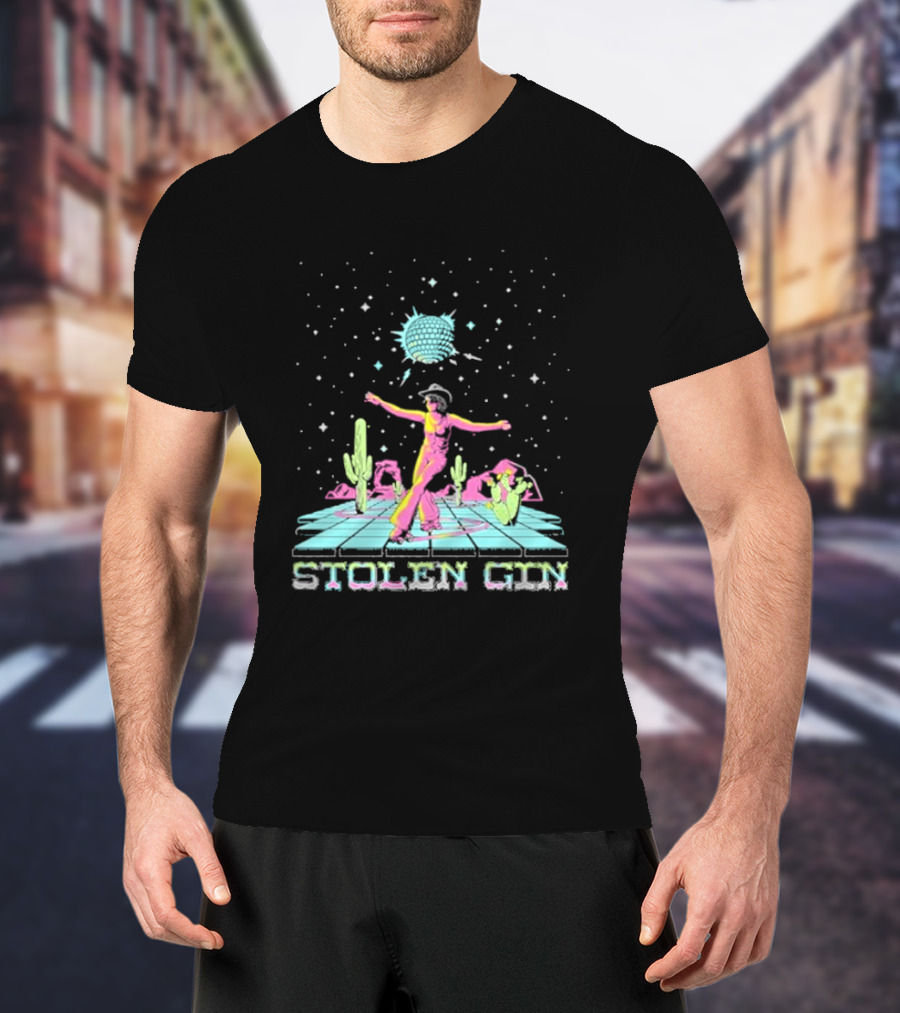 Stolen Gin Disco Cowgirl Dance Under Starry Night Desert Scene T-Shirt