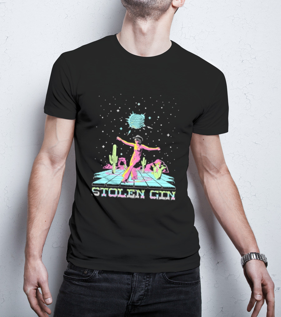 Stolen Gin Disco Cowgirl Dance Under Starry Night Desert Scene T-Shirt