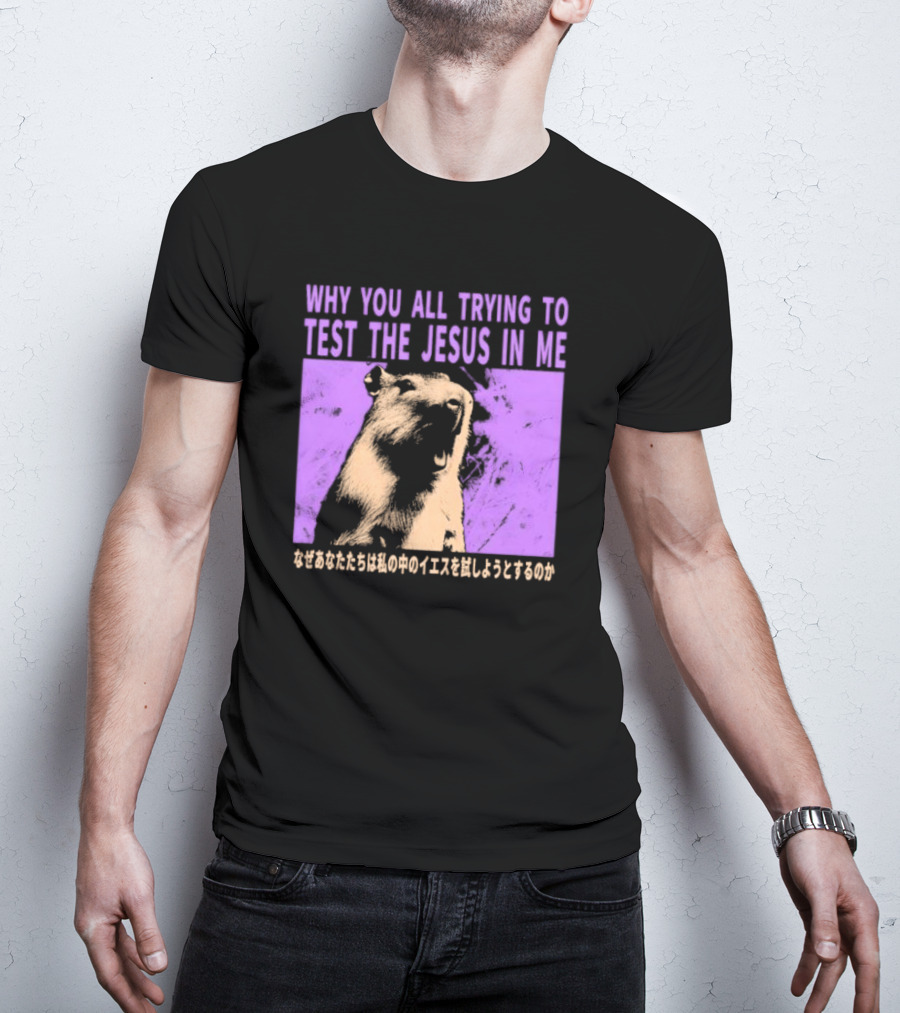 Why You All Trying To Test The Jesus In Me Capybara Japanese Text T-Shirt