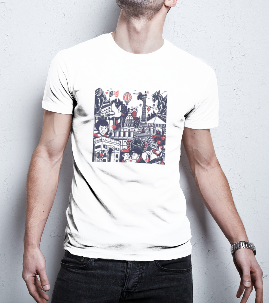BasePaint Cityscapes Paris Eiffel Tower And Arc De Triomphe Neon Hearts T-Shirt