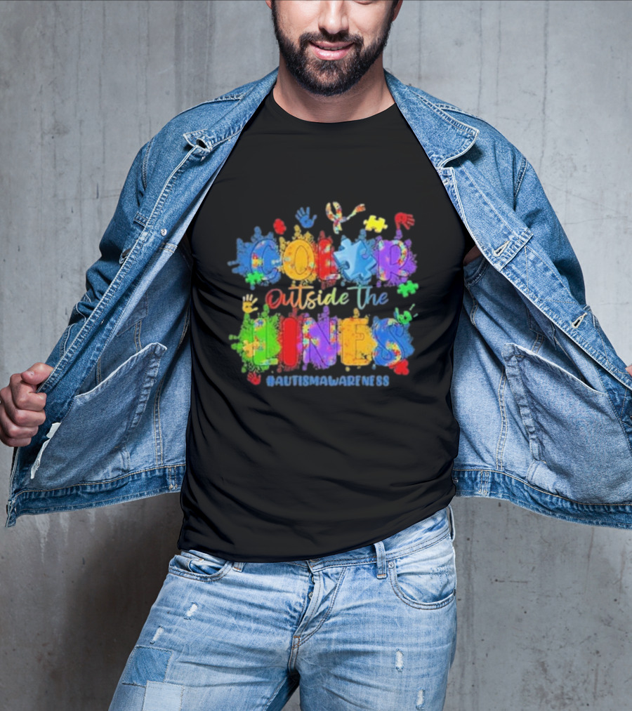 Color Outside The Lines Autism Awareness Puzzle Ribbon Hands #AutismAwareness T-Shirt