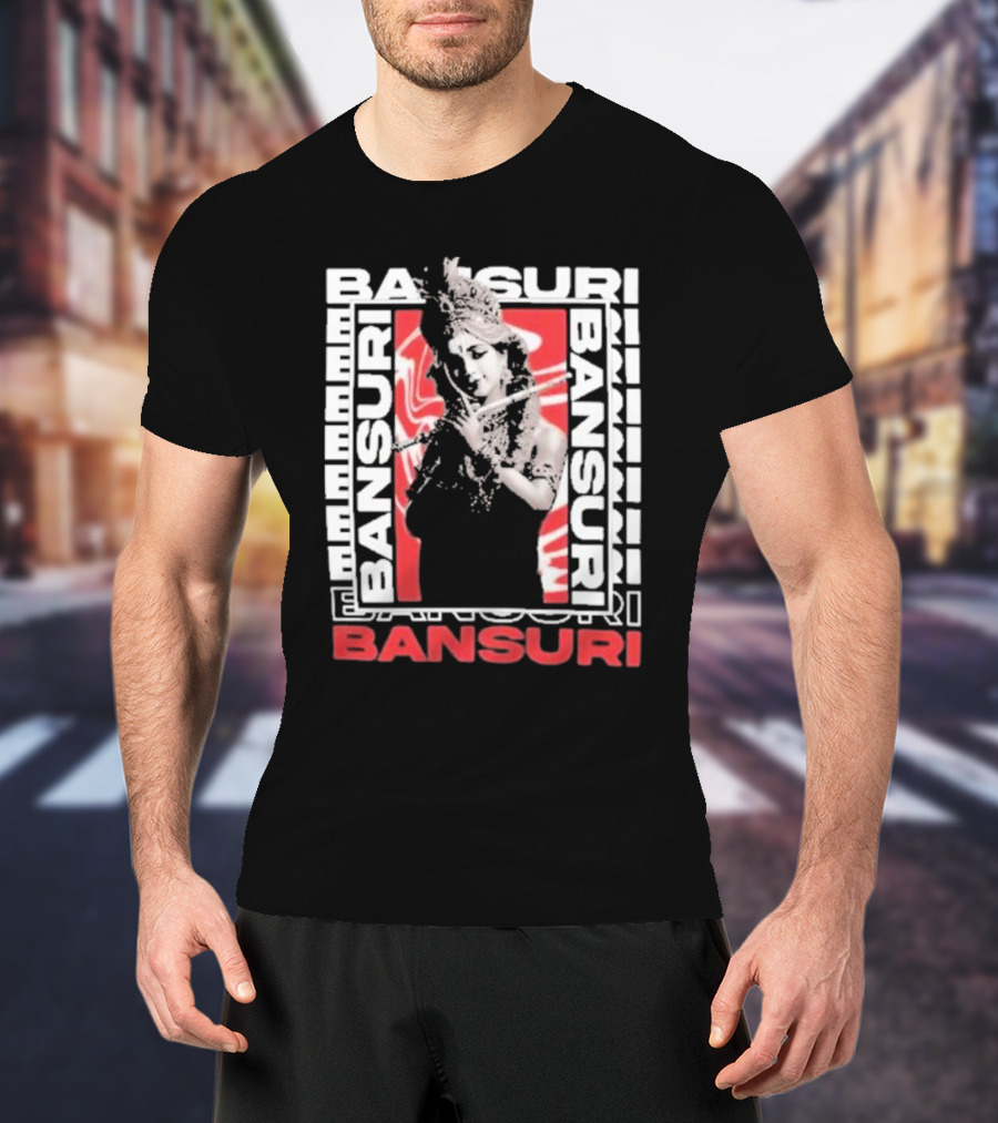 Bansuri Beautiful Girl With Flute Elegantly Framed In Red And White T-Shirt