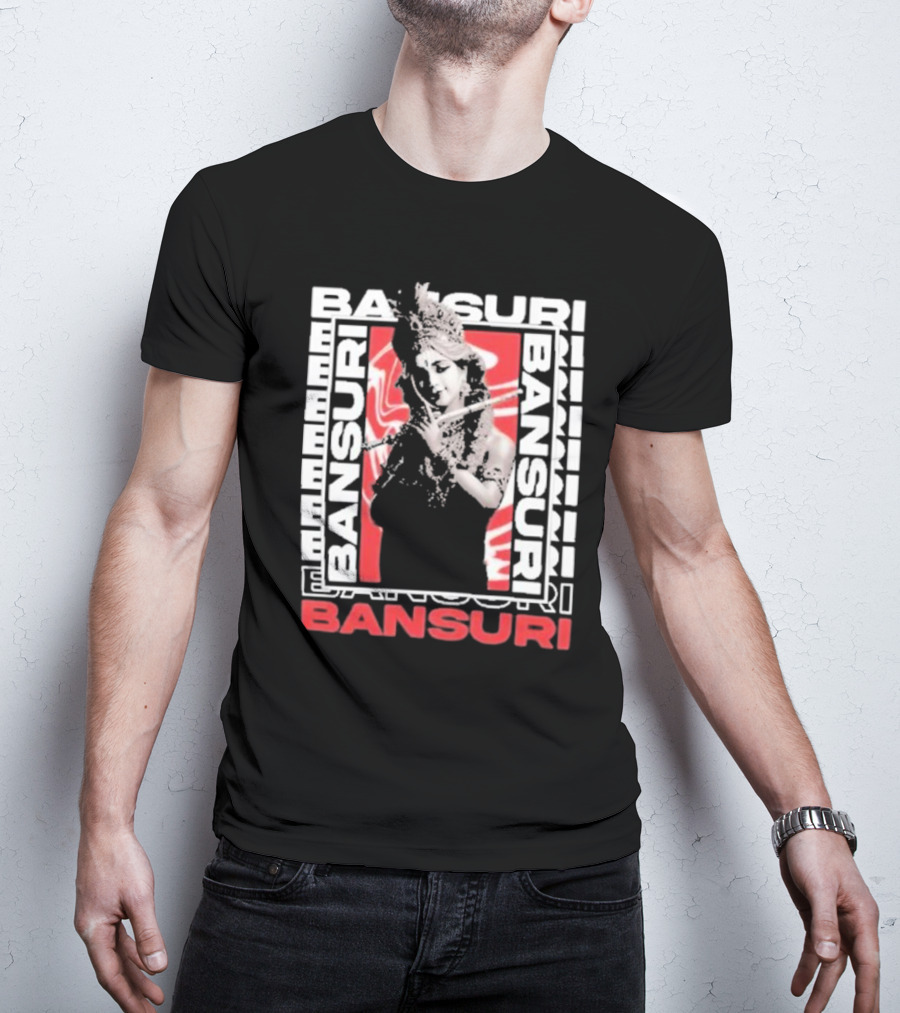 Bansuri Beautiful Girl With Flute Elegantly Framed In Red And White T-Shirt
