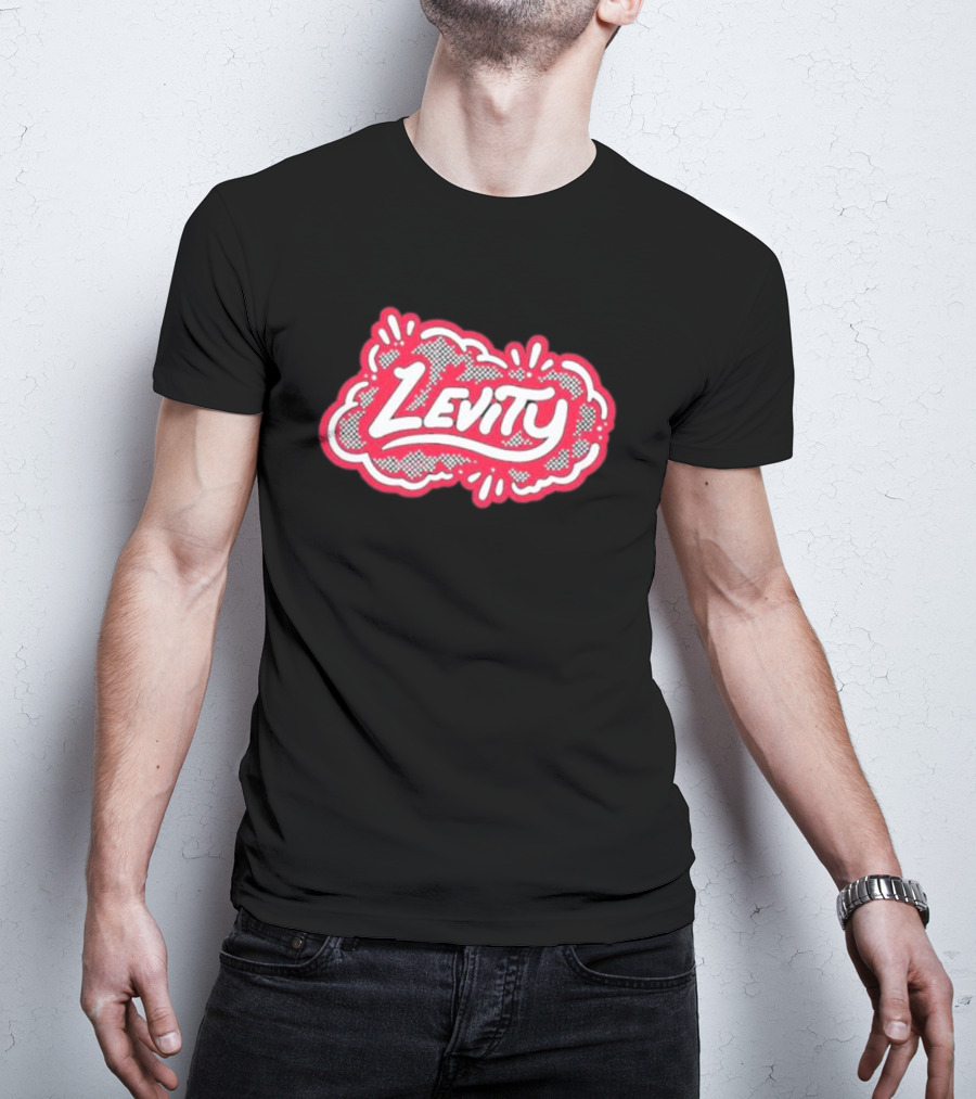 Levity Music Store Red And White Comic-Style Text On Black Cloud Background T-Shirt