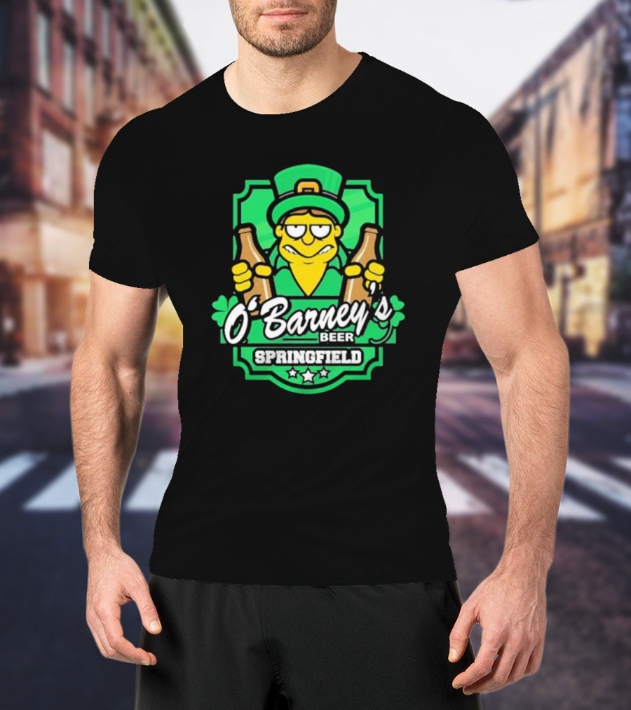 O’Barney’s Beer Springfield Leprechaun Holding Bottles Shamrock Badge T-Shirt