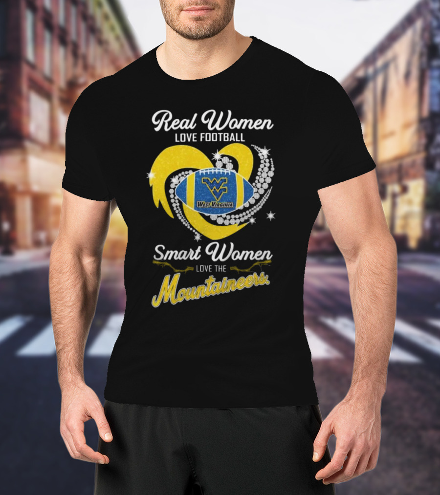 Real Women Love Football Smart Women Love West Virginia Mountaineers Diamond Heart Football T-Shirt