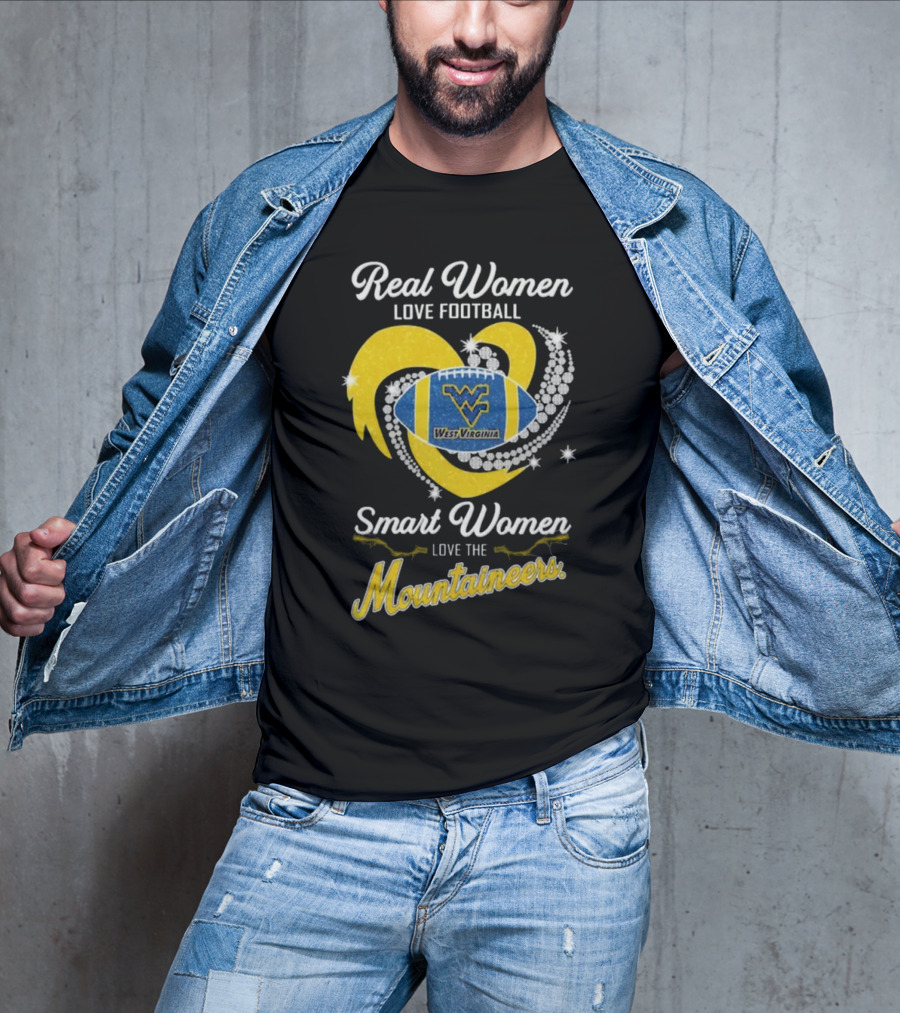 Real Women Love Football Smart Women Love West Virginia Mountaineers Diamond Heart Football T-Shirt