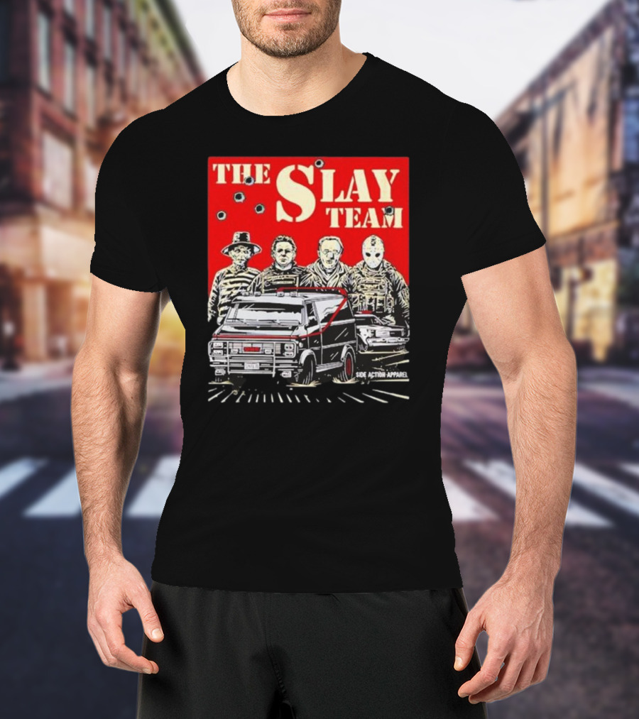 The Slay Team Horror Movies Characters Side Action T-Shirt