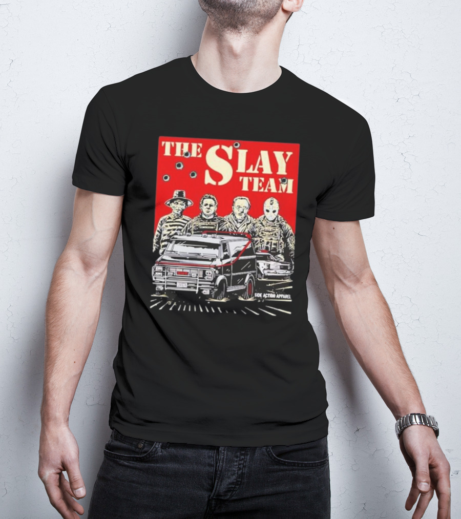 The Slay Team Horror Movies Characters Side Action T-Shirt