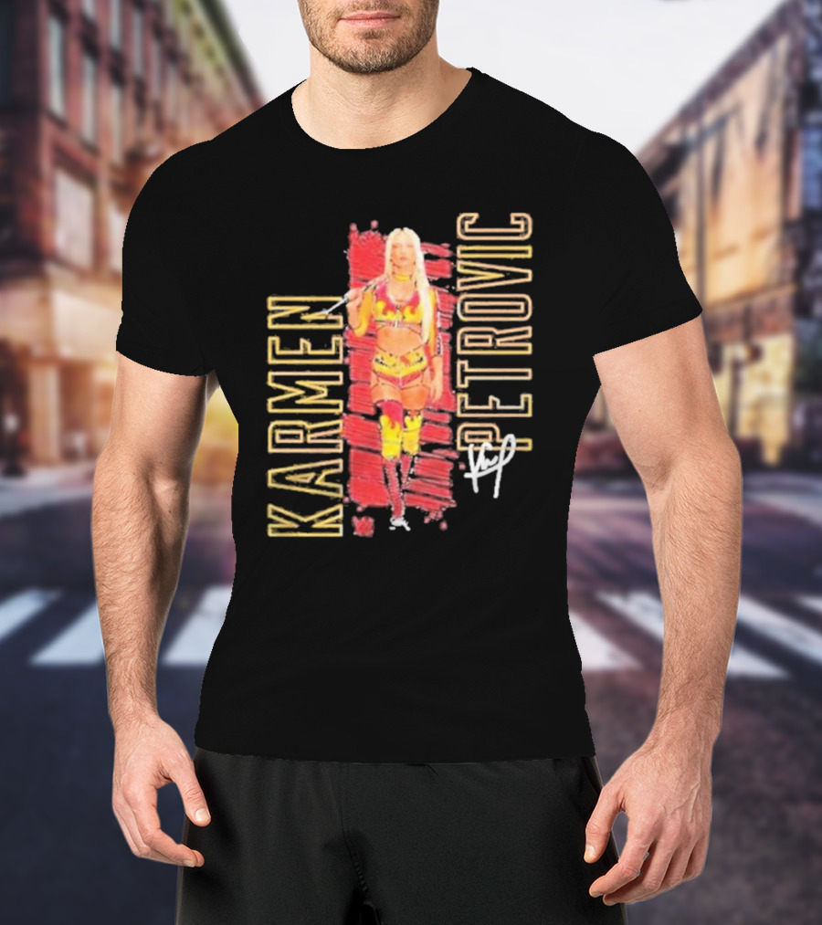 Karmen Petrovic Vertical Signature With Bold Red And Yellow Athlete T-Shirt
