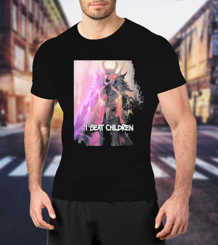 Kassadin I Beat Children Text Featuring Dark Mysterious Armored Character With Glowing Accents T-Shirt