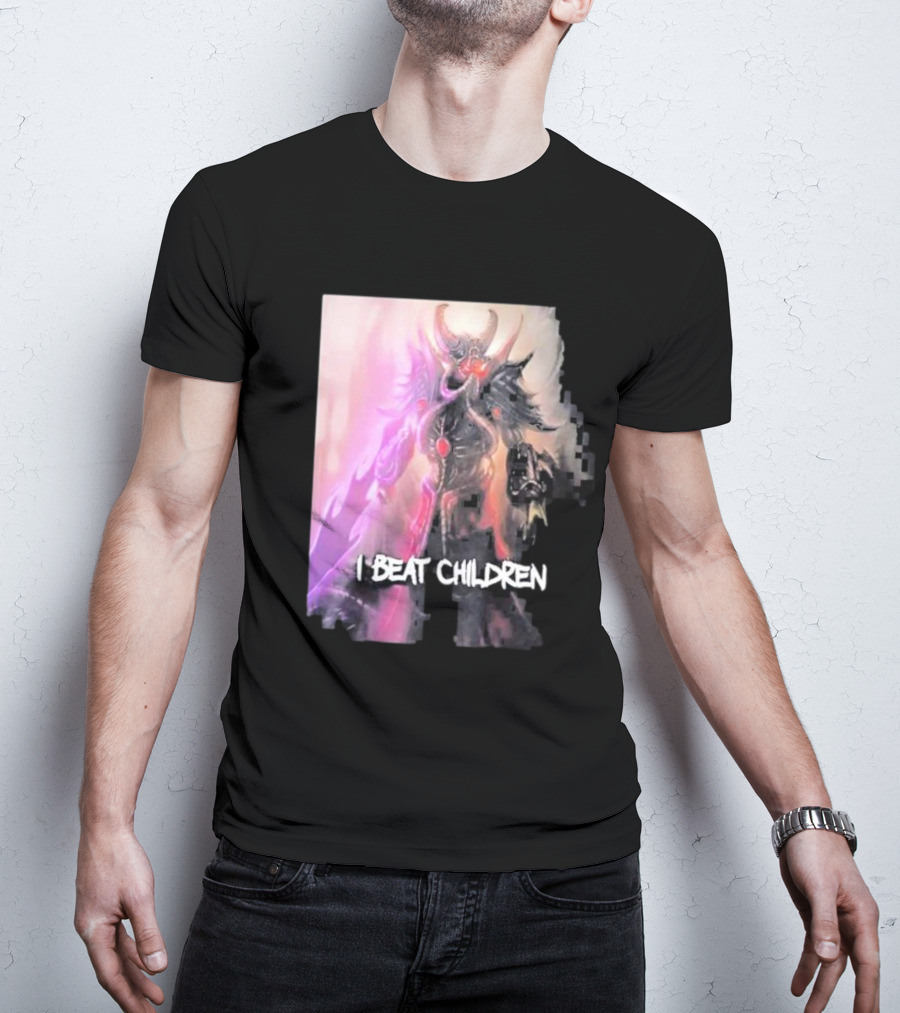 Kassadin I Beat Children Text Featuring Dark Mysterious Armored Character With Glowing Accents T-Shirt