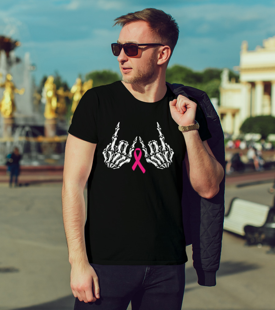 Skeleton Rock Hand Breast Cancer Awareness Pink T-Shirt