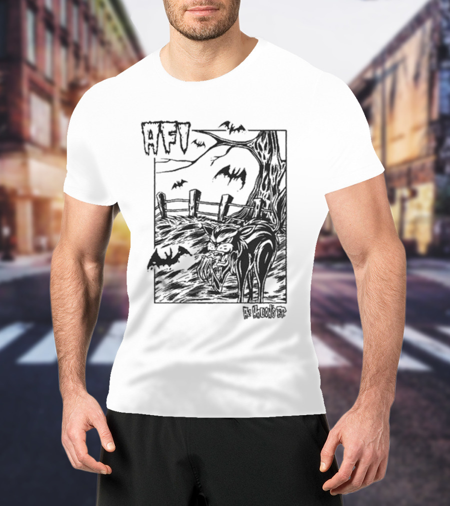 AFI All Hallow's Eve Bats And Black Cat In Haunted Scene T-Shirt