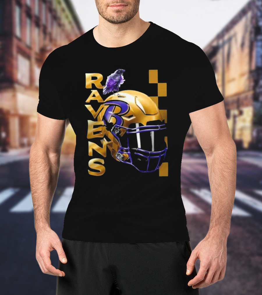 Ravens Gold Helmet With Purple B And Crow T-Shirt