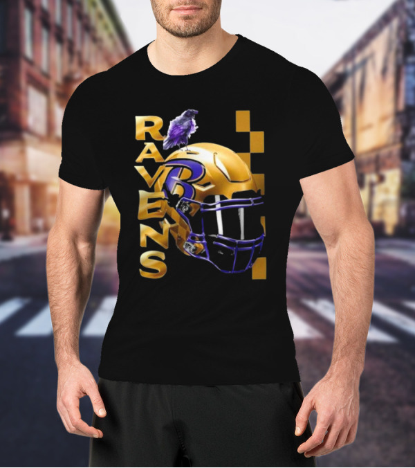 Ravens Gold Helmet With Purple B And Crow T-Shirt