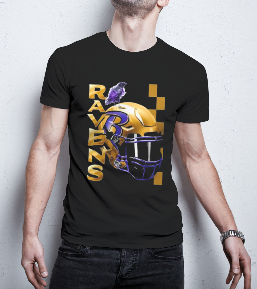 Ravens Gold Helmet With Purple B And Crow T-Shirt