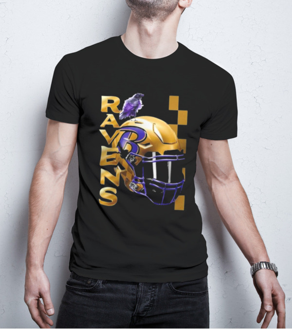 Ravens Gold Helmet With Purple B And Crow T-Shirt