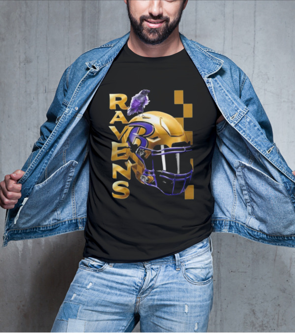 Ravens Gold Helmet With Purple B And Crow T-Shirt