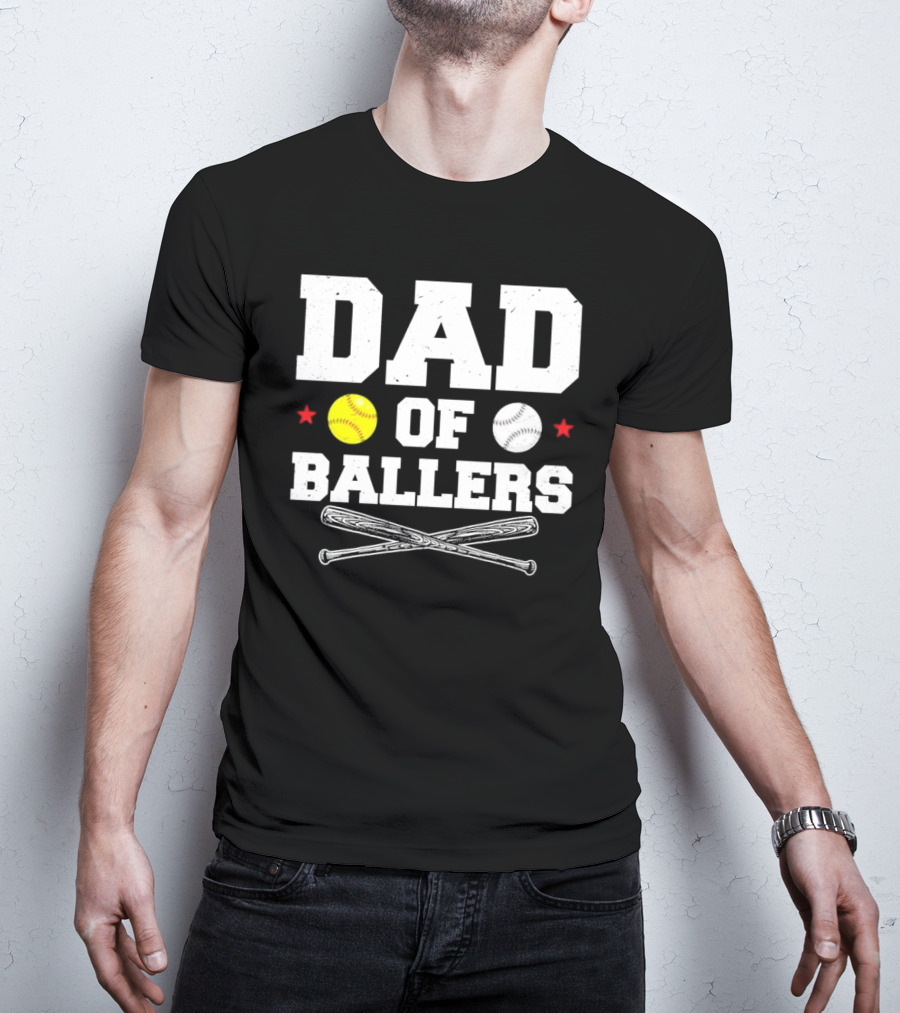 Dad Of Ballers Baseball Softball Crossed Bats Yellow White Balls Red Stars T-Shirt