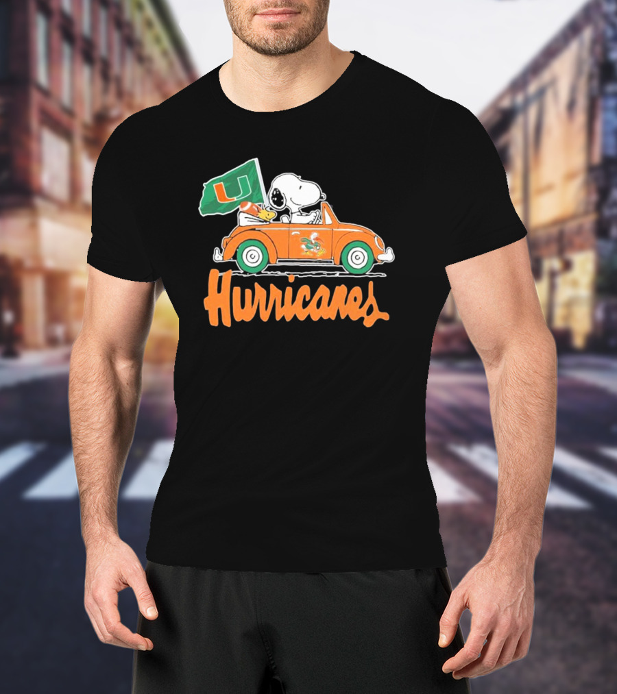 Peanuts Snoopy Woodstock Miami Hurricanes Car Driving With Flag T-Shirt
