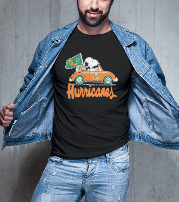 Peanuts Snoopy Woodstock Miami Hurricanes Car Driving With Flag T-Shirt