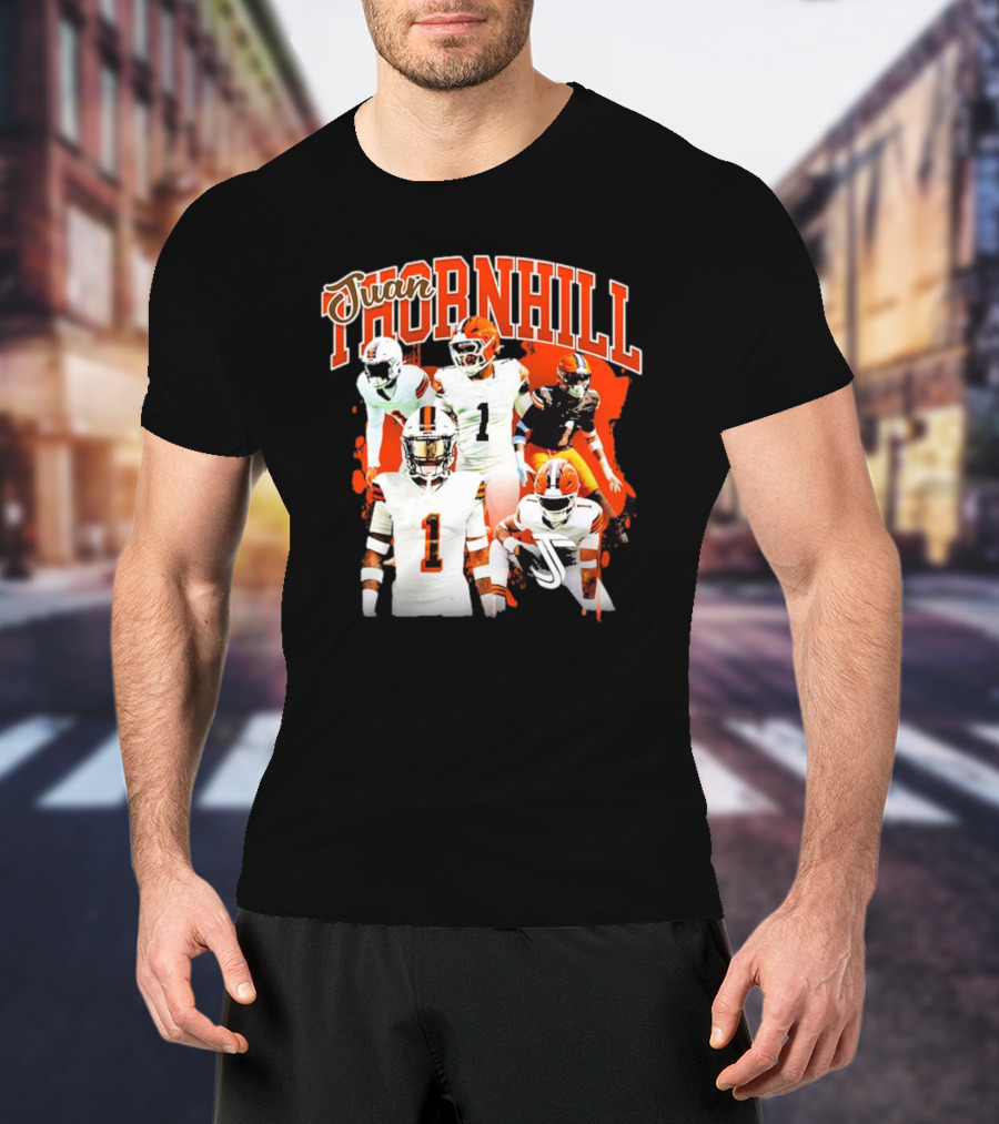 Juan Thornhill Football Player Orange And Black Action Collage T-Shirt