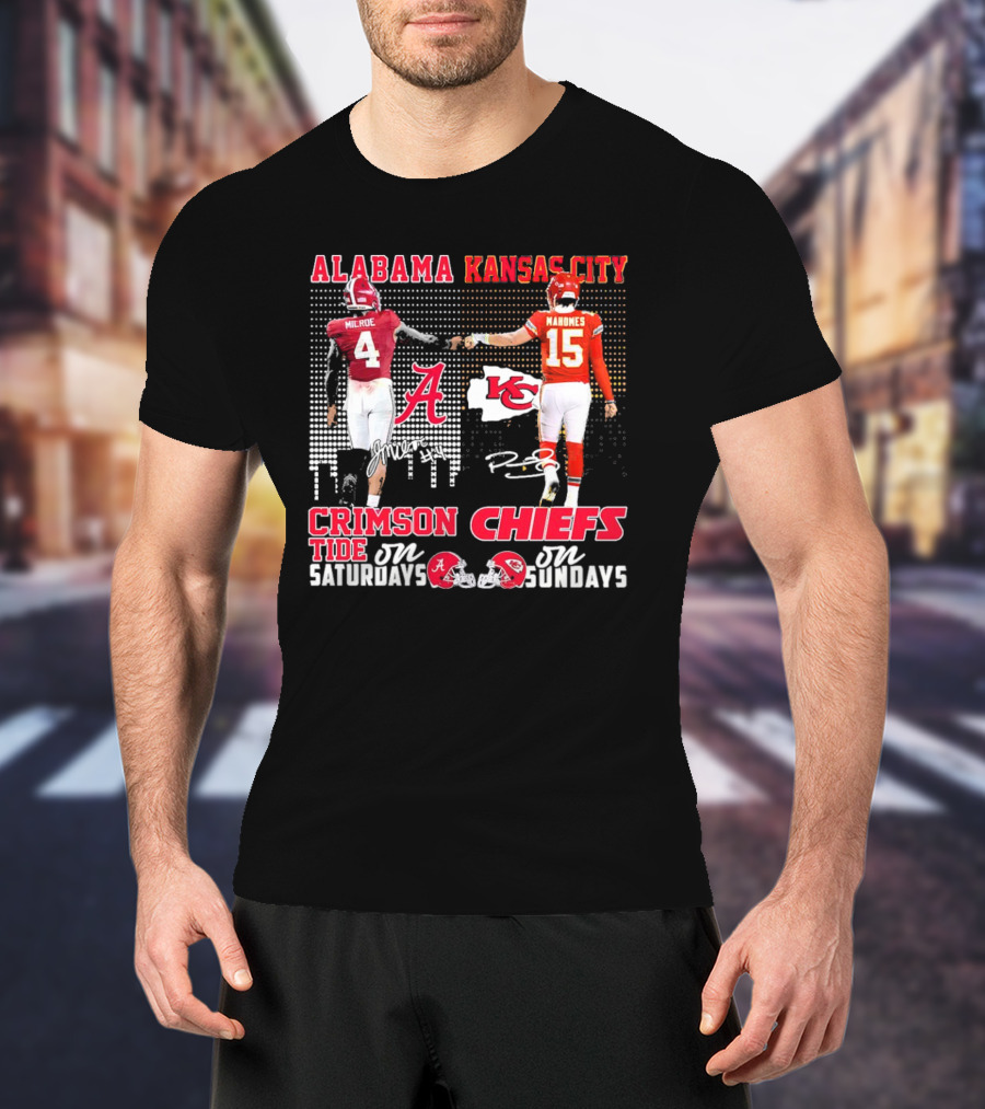 Alabama Crimson Tide Jalen Milroe Saturdays X Kansas City Chiefs Patrick Mahomes Sundays T-Shirt
