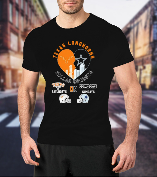 Texas Longhorns Dallas Cowboys Heart Skyline Saturdays Sundays Football Helmets T-Shirt
