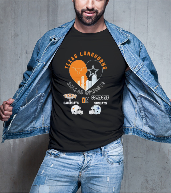 Texas Longhorns Dallas Cowboys Heart Skyline Saturdays Sundays Football Helmets T-Shirt