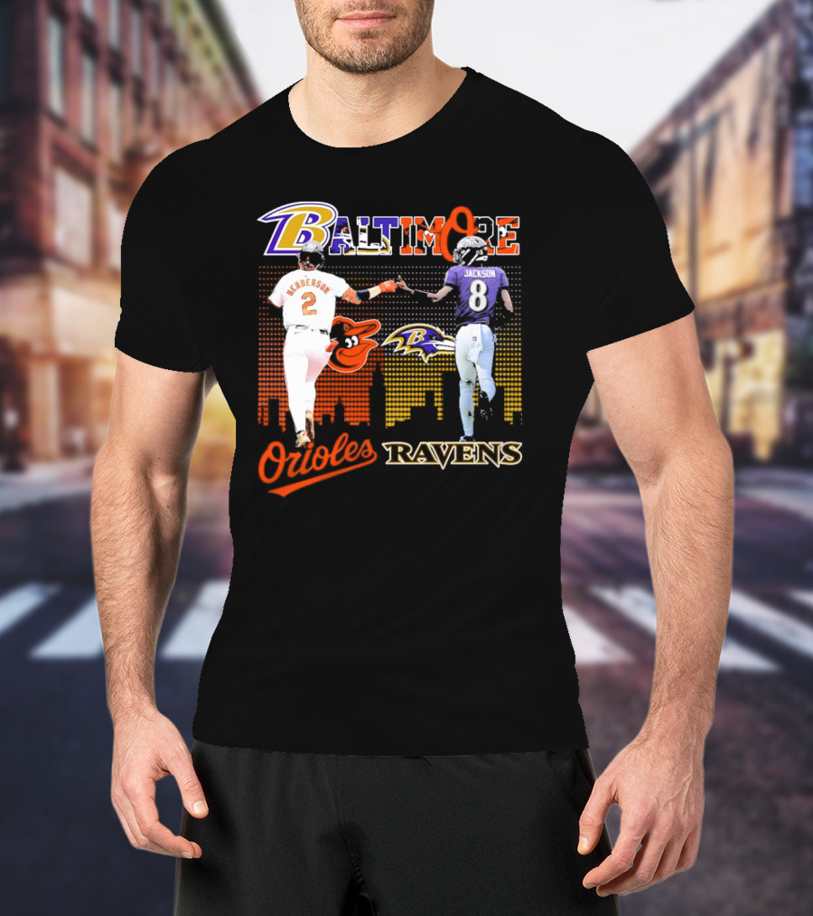 Baltimore Orioles Gunnar Henderson Baltimore Ravens Lamar Jackson City Skyline T-Shirt